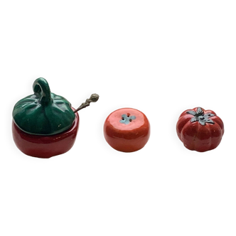 Salt pots and mustard pot, in enameled ceramic, slip, in the shape of a tomato, vintage