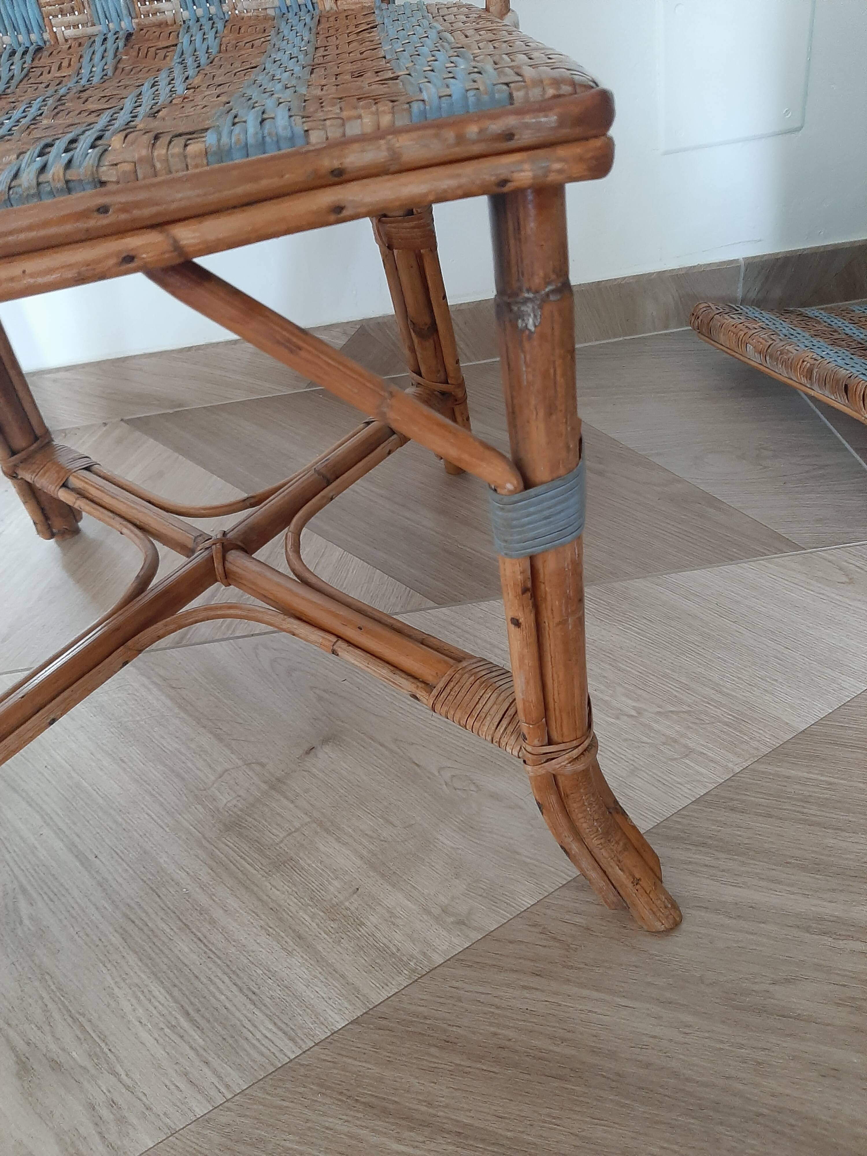 Vintage set of 2 garden woven rattan chairs - sky blue nets - 40