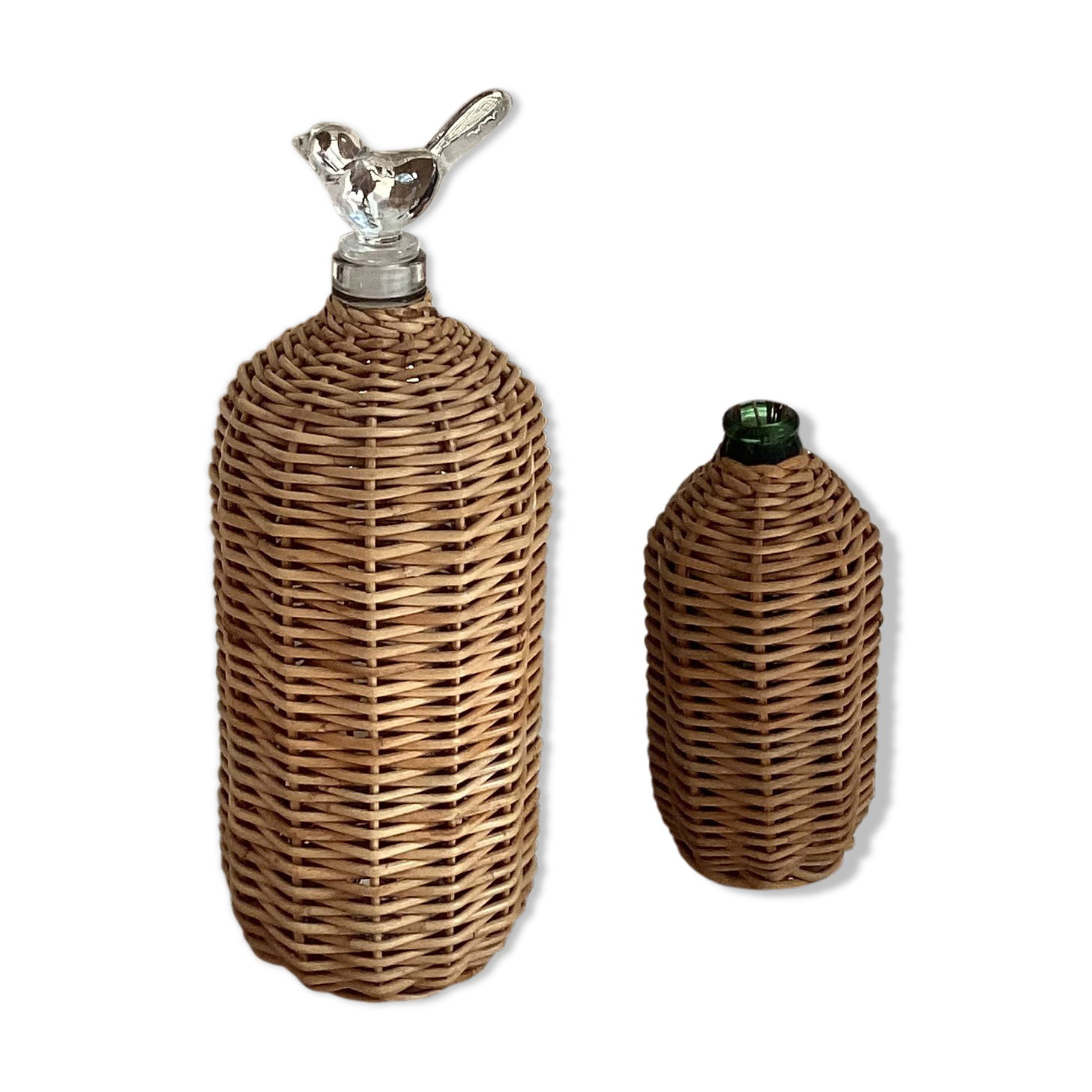 2 glass and rattan bottles