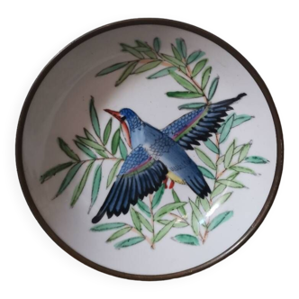 Hand-painted bird and brass porcelain plate to hang vintage China