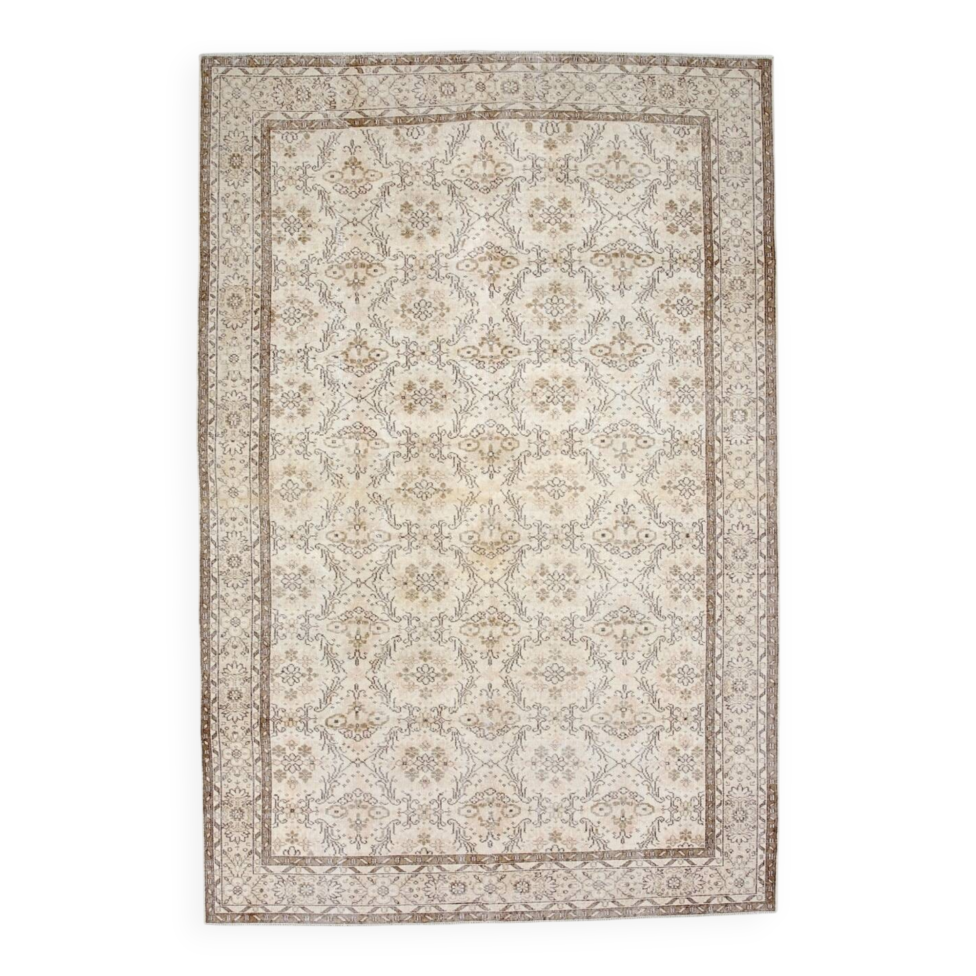 7x10 Floral Cream & Brown Vintage Rug, 212x317Cm