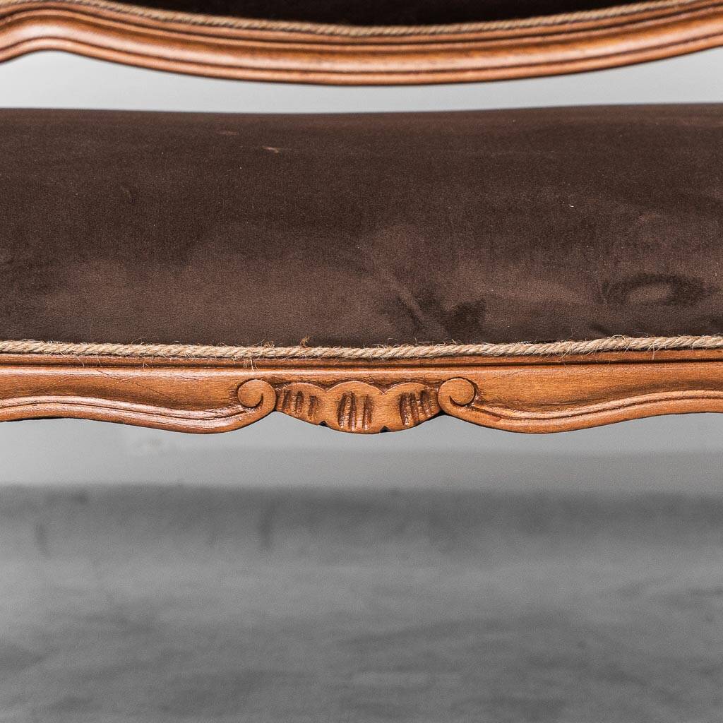 Vintage bench in brown velvet and carved wood, 1950s modernism