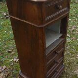 Walnut and walnut veneer bedside table with marble around 1900, door with drawers