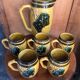 Old pitcher service & 5 ceramic mugs vintage yellow green grape vine decor