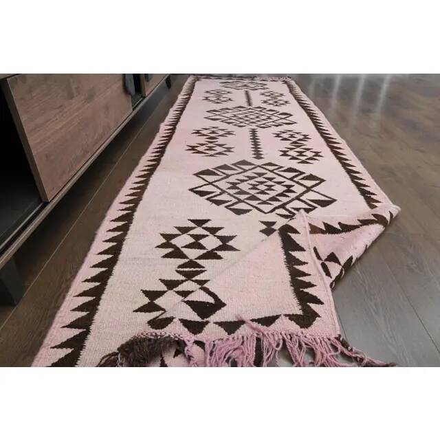 1970s vintage Turkish Oushak handmade wool cotton pink runner rug 98x317
