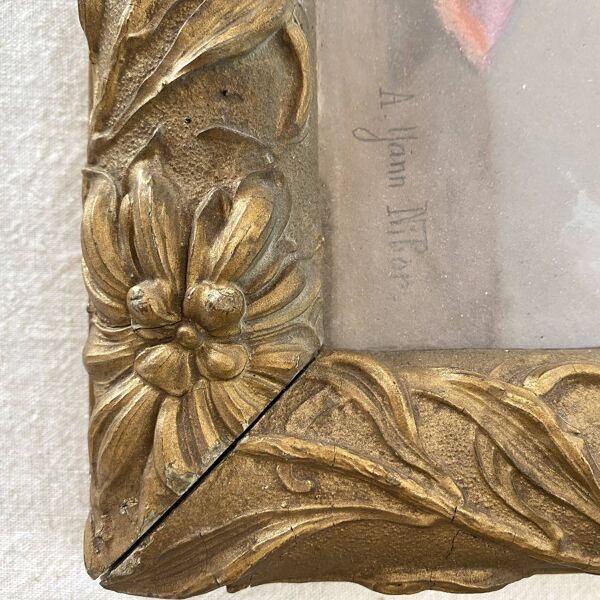 Pastel ancien bouquet de fleurs encadré art nouveau