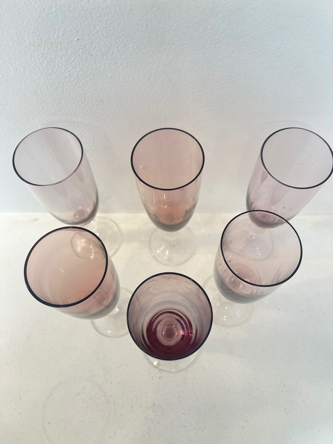 Set of 6 smoked pink champagne flutes – 1970s