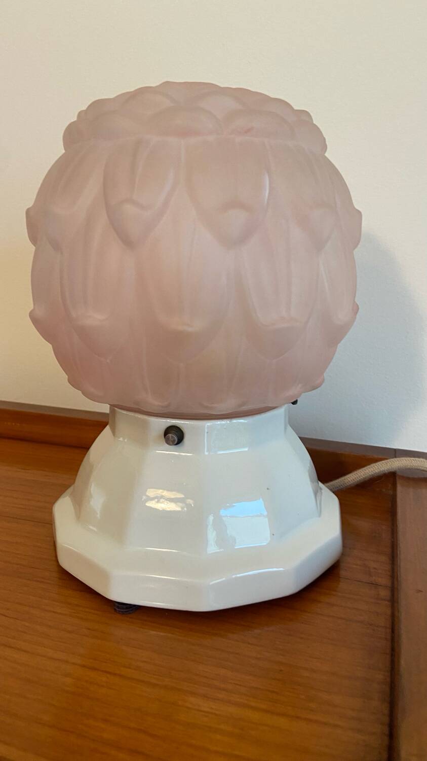 Art Deco powder pink globe lamp and porcelain base