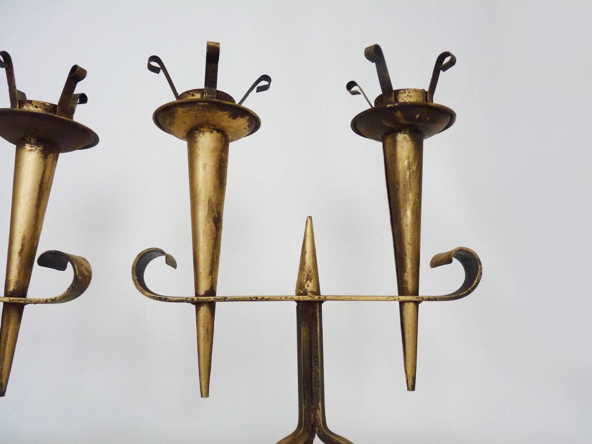 Large Pair of Vintage French Gold Wrought Iron 2 Candle Holders 60