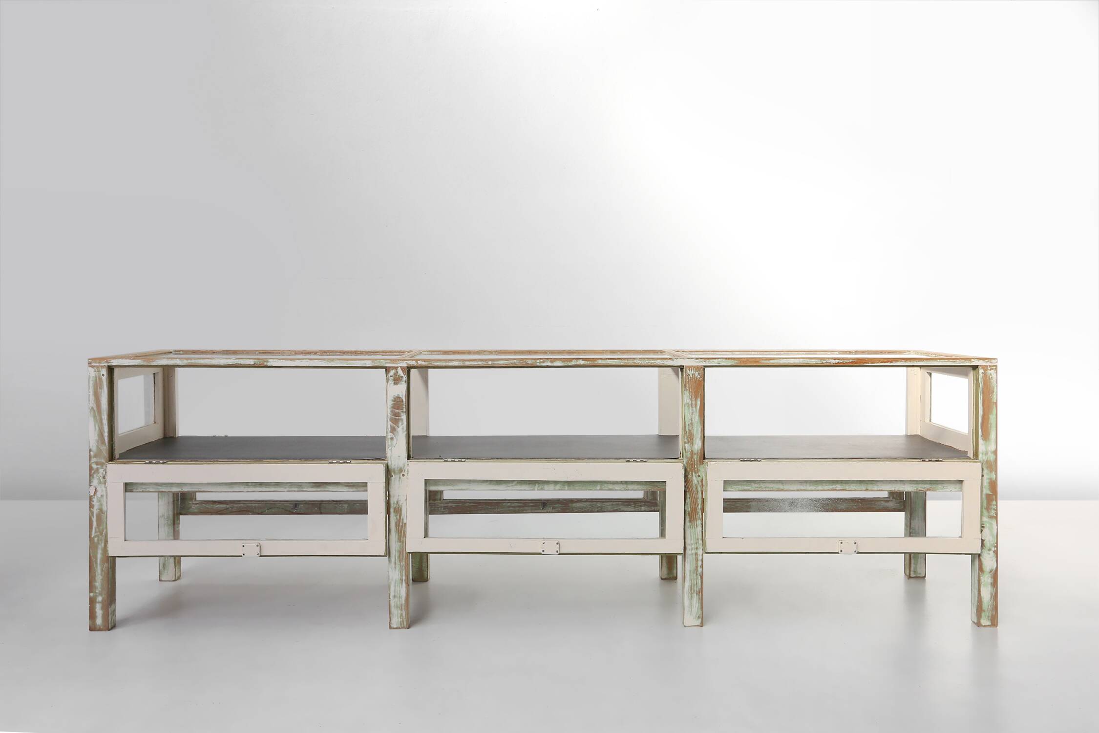 Beautiful patinated large rustic oak display case, France ca. 1900