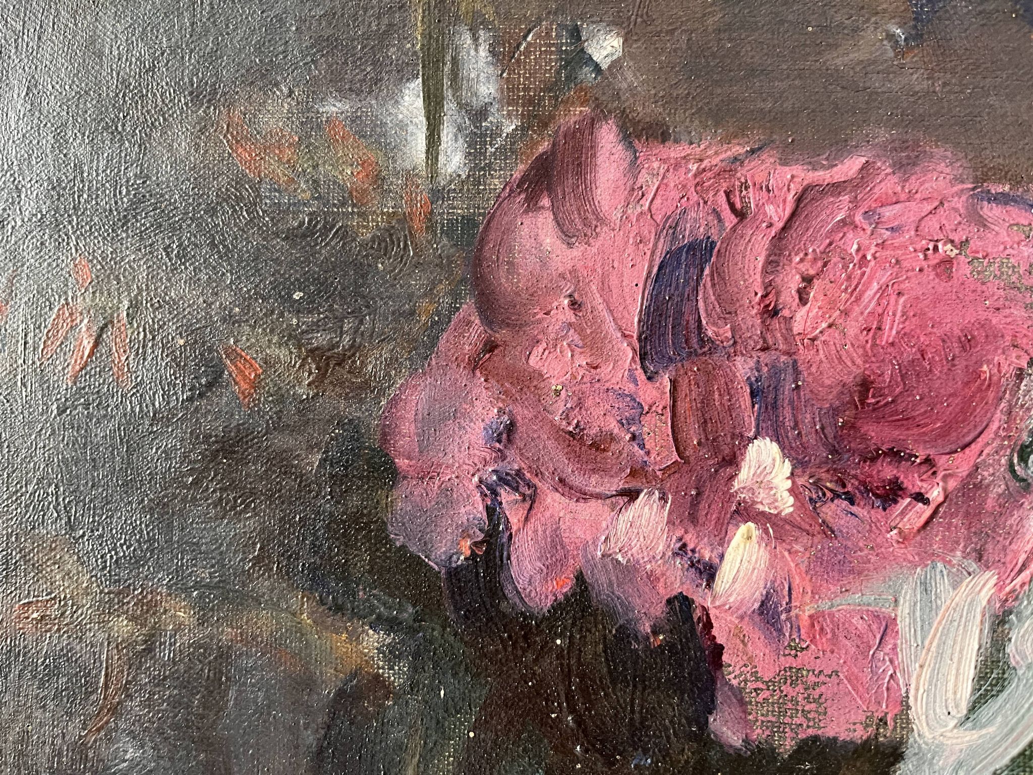 Large oil on canvas of a still life with flowers 1929, antique painting.
