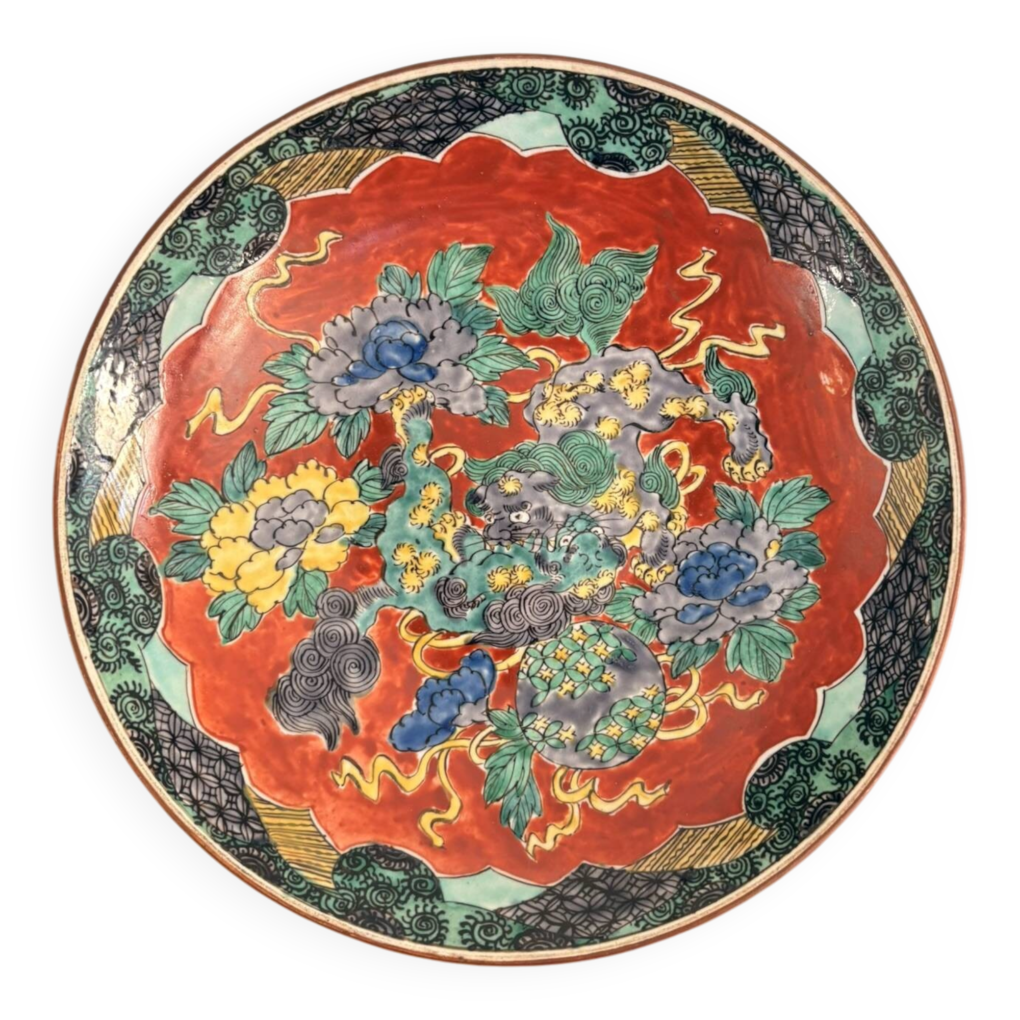Antique Japanese Imari Kutani Plate Lion Fo Karashishi Shishi Meiji 19th