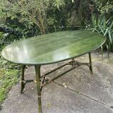 Large vintage oval drop leaf table in green lacquered bamboo rattan 158/106
