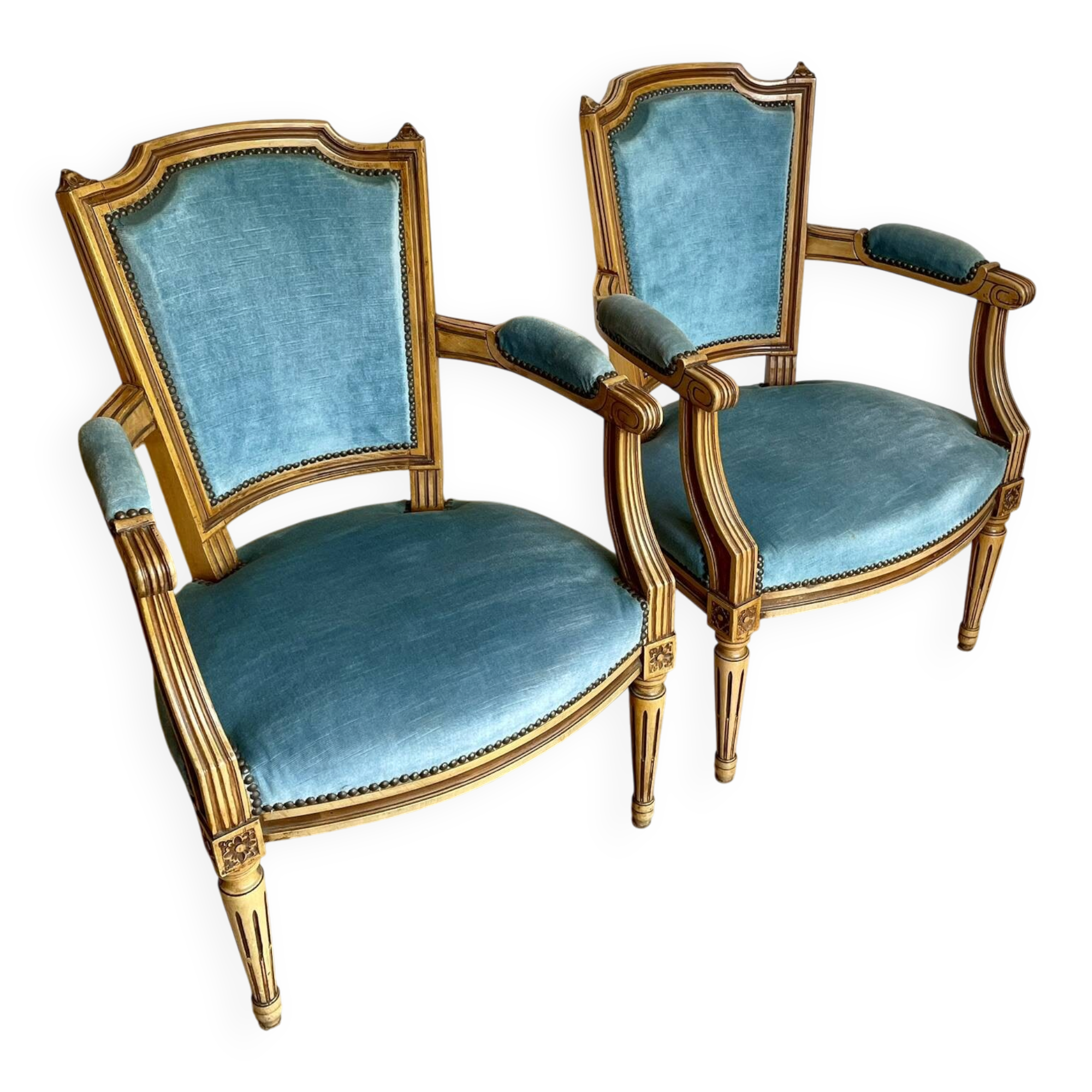 Pair of Louis XVI vintage cabriolet armchairs in duck blue velvet and wood.