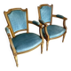 Pair of Louis XVI vintage cabriolet armchairs in duck blue velvet and wood.