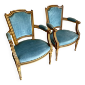 Paire de fauteuils cabriolets Louis XVI vintage velours bleu canard et bois