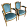 Pair of Louis XVI vintage cabriolet armchairs in duck blue velvet and wood.