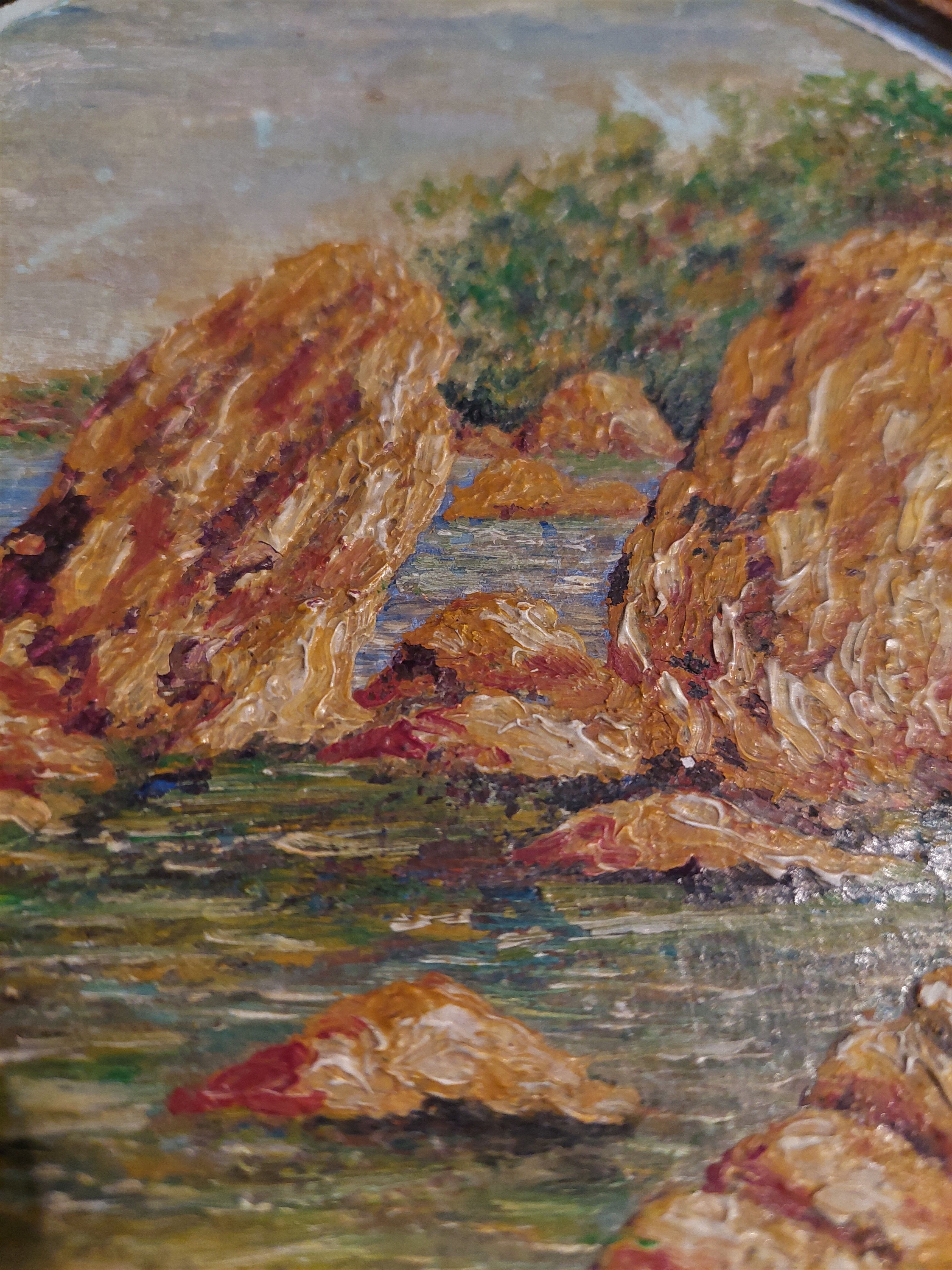Oil painting on panel in marine tondo wooden frame early twentieth century