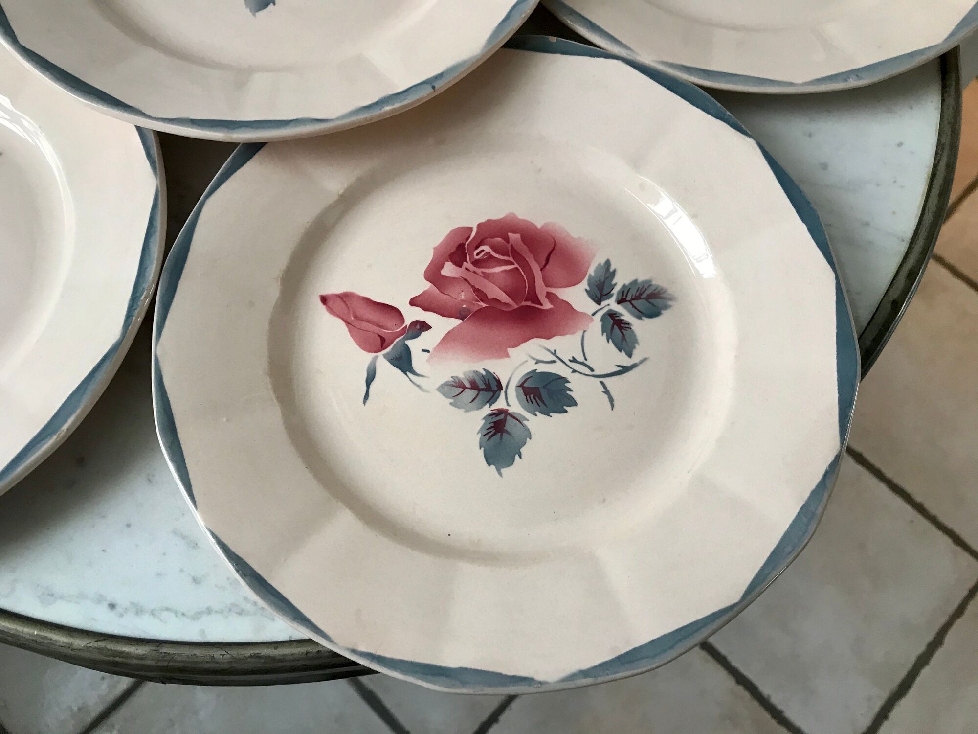 Set of 6 flat plates digoin sarreguemines pink and blue flowers 40s