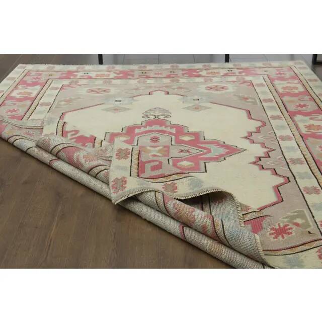 1970s Vintage Turkish Oushak Handmade Wool Cotton Cream Area Rug 150x205