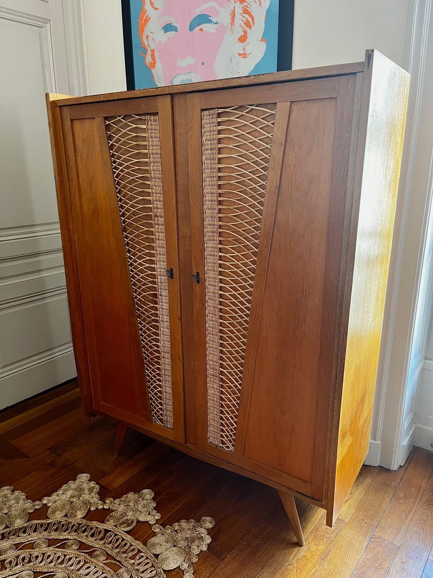 Wood and rattan cabinet 60s