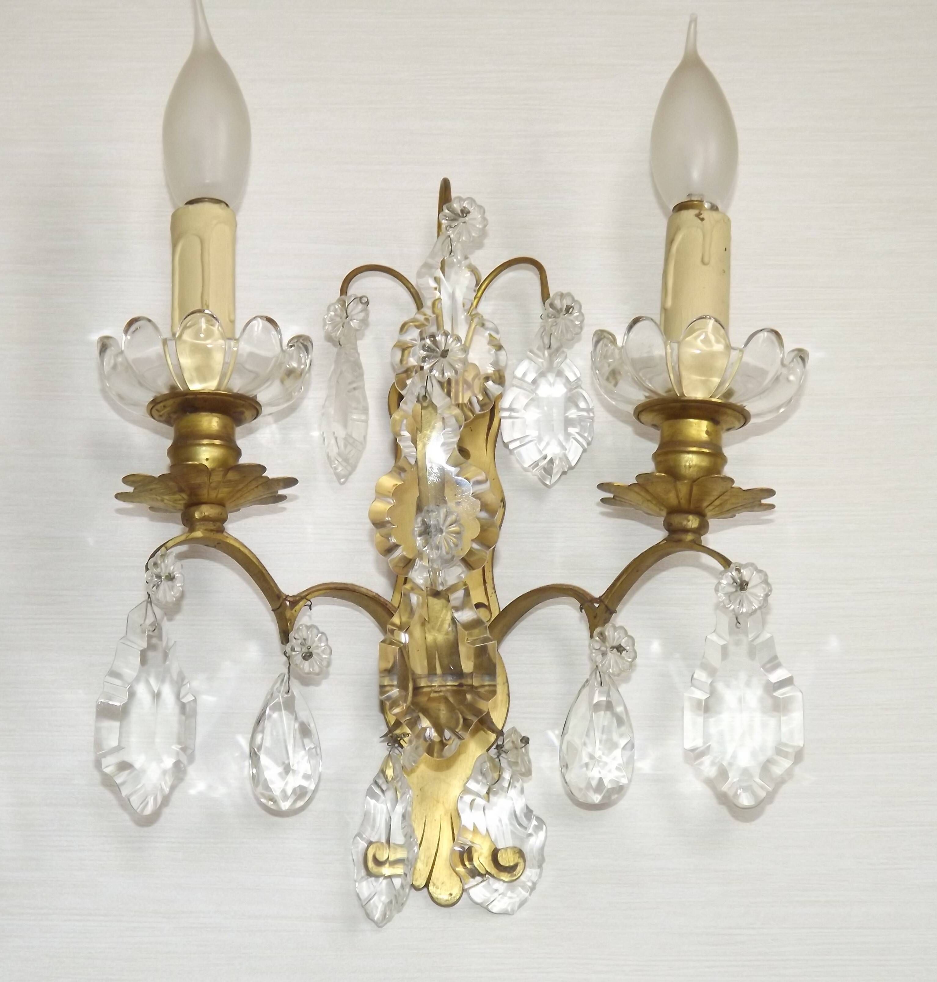 Pair of French Double Brass & Glass Wall Lights Adorned With Crystals