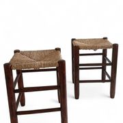 Charlotte Perriand Style, Pair of Rustic Wood and Straw Stools, France, c. 1950s