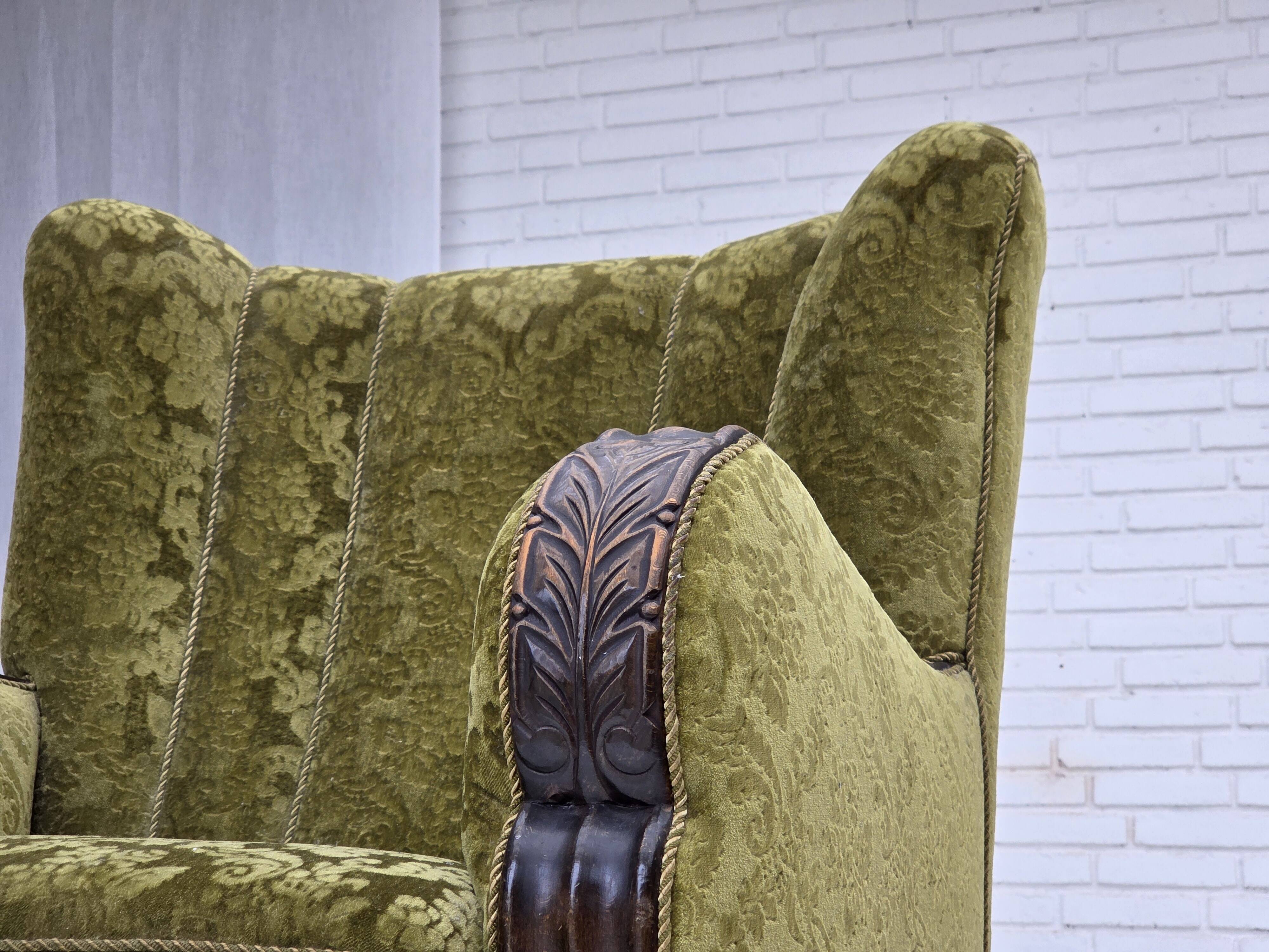 1950s, Danish relax chair. Furniture velour, oak wood,