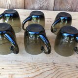 Lot coffee cups in smoked brown glass 70s, rounded shape, beautiful handcrafted.