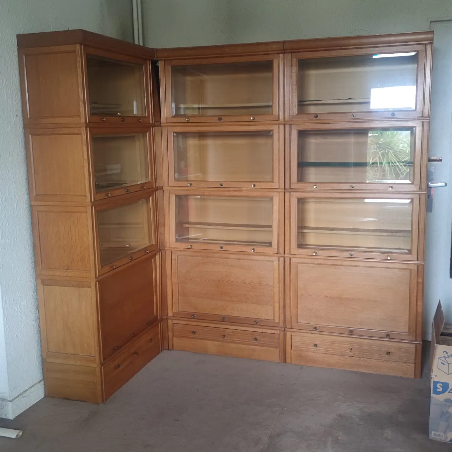 Modular bookcase in natural solid oak md by martin dupuis circa 1960