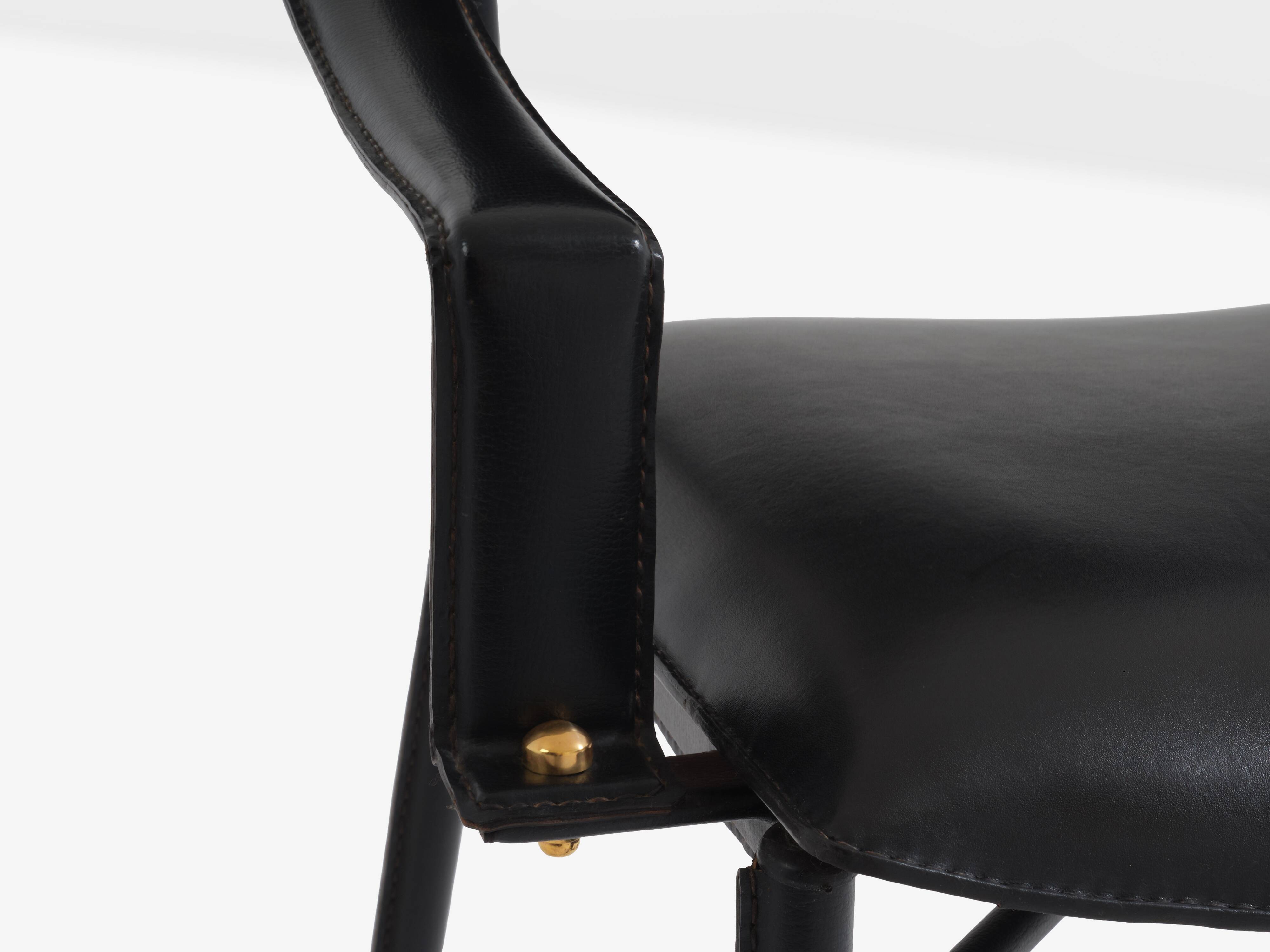 Jacques Adnet black leather brass office chair 1950