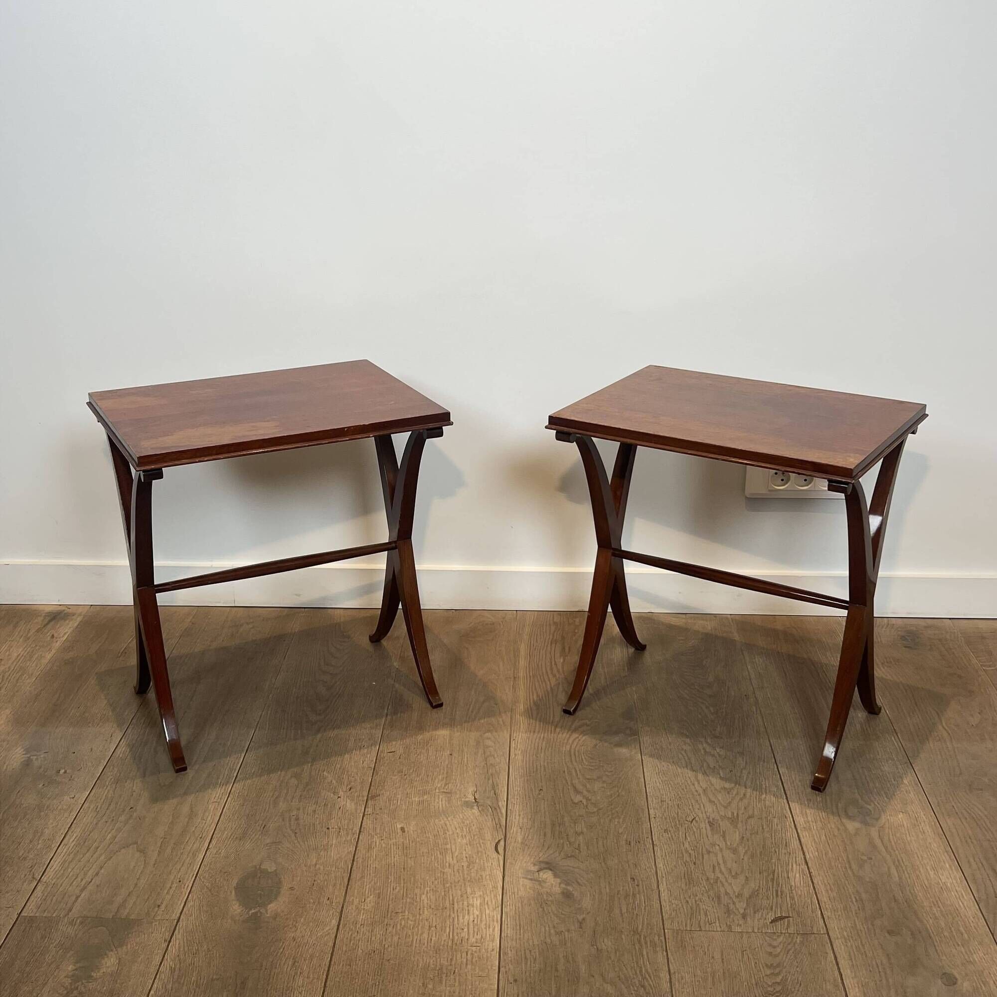 Pair of Mahogany Side Tables with X-shaped Legs. French Work. Circa.