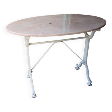 Table de jardin ancienne en fonte et marbre rose