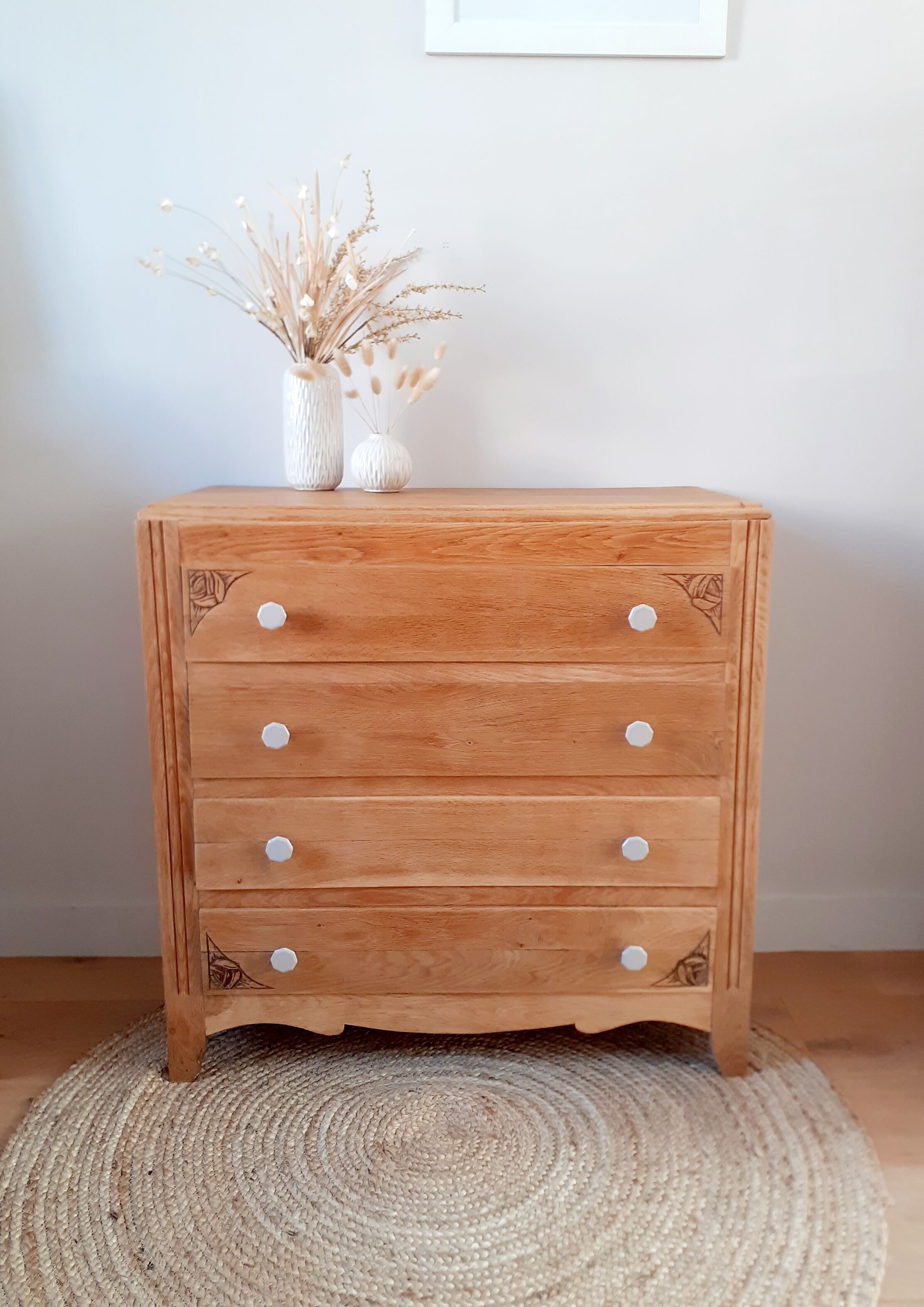 Oak and porcelain chest of drawers