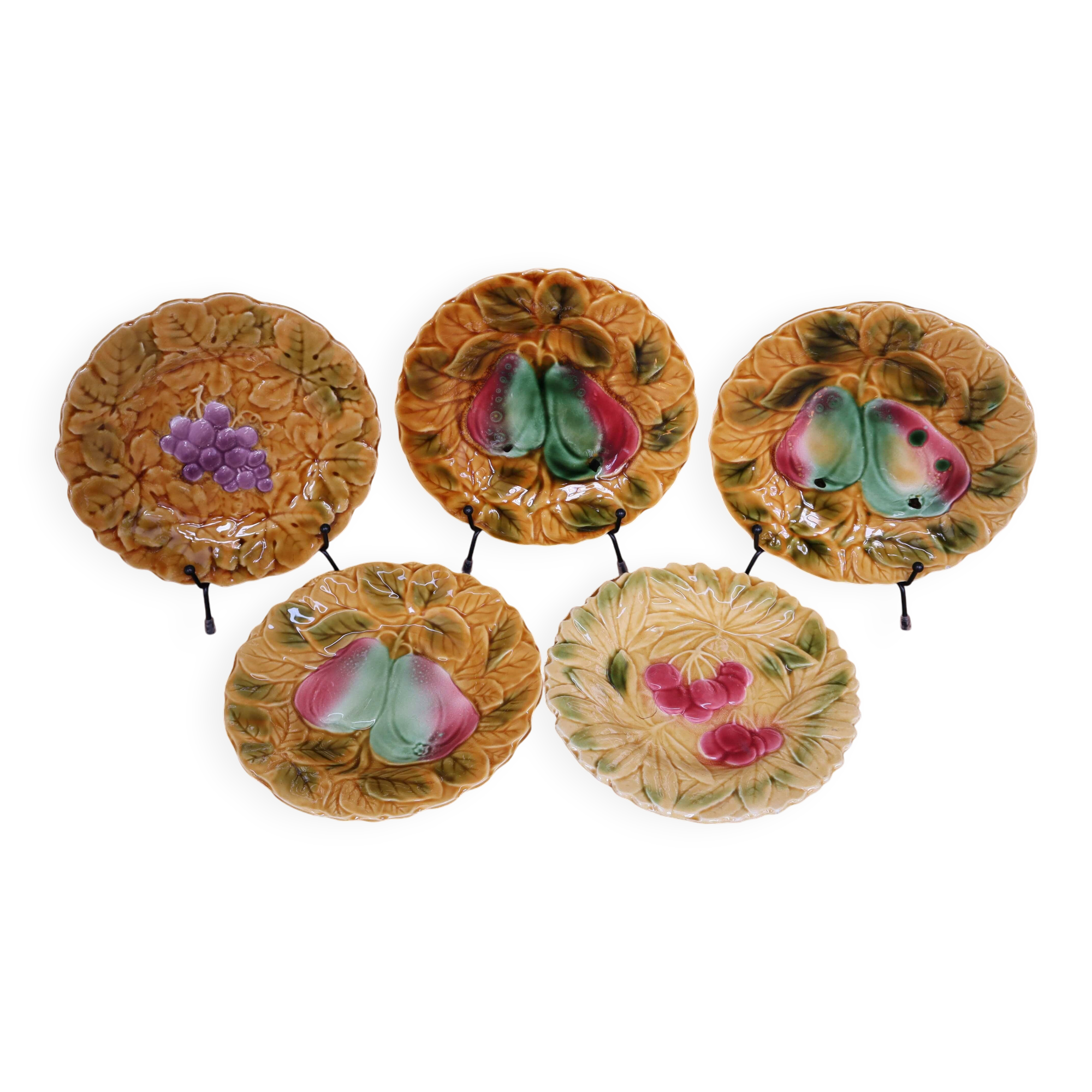Set of 5 Sarreguemines slip dessert plates with fruit decoration