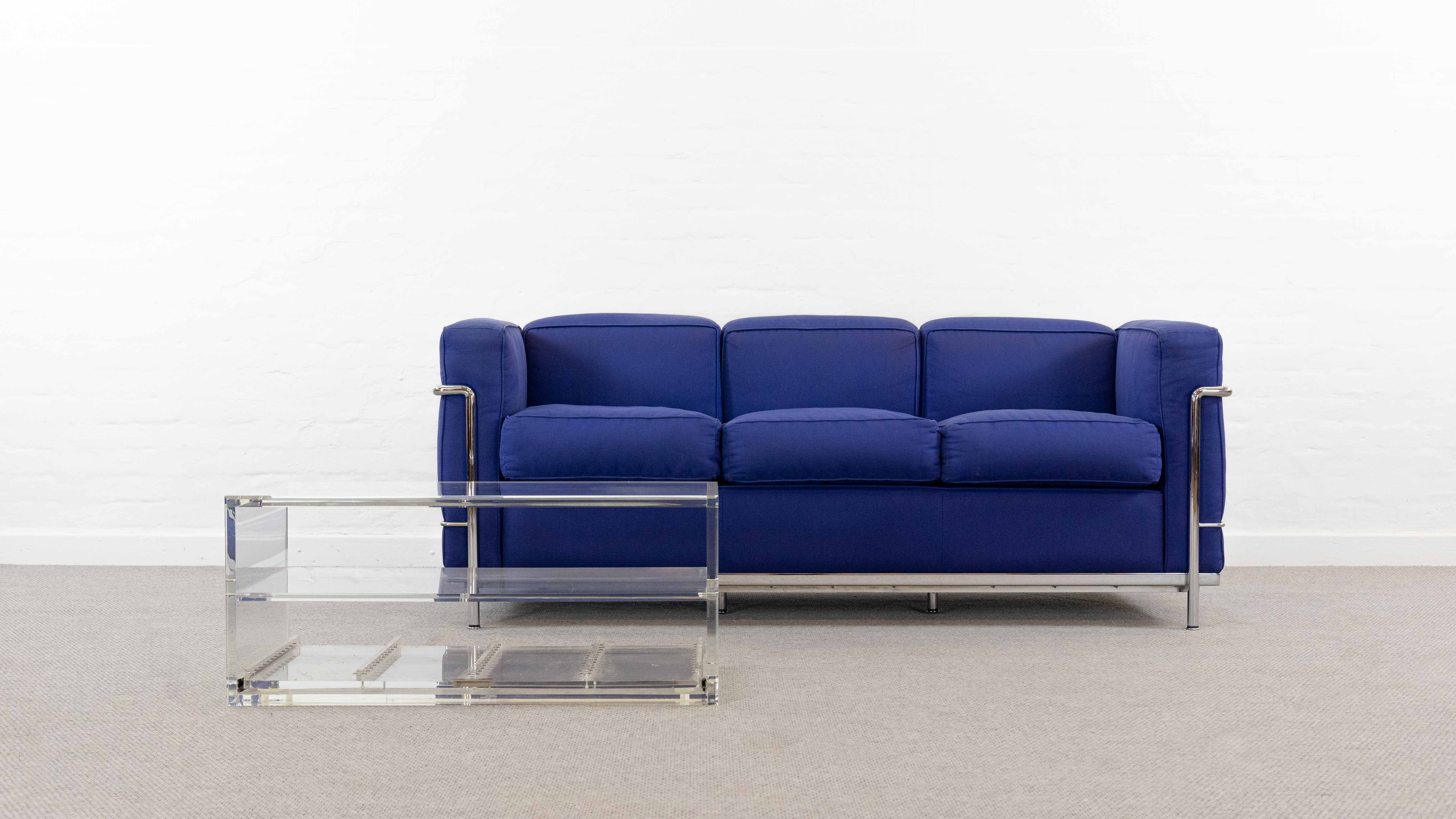 Cassina LC2 3seat Sofa by Charlotte Perriand, Le Corbusier and Pierre Jeanneret in blue fabrics