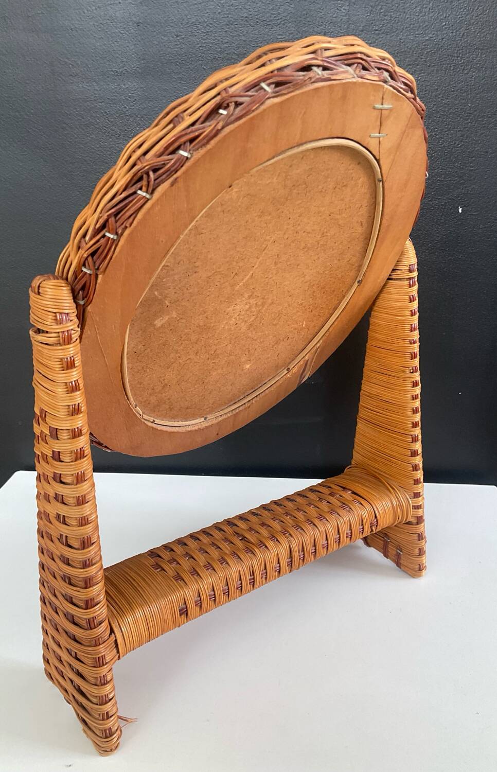 Vintage freestanding wicker dressing mirror