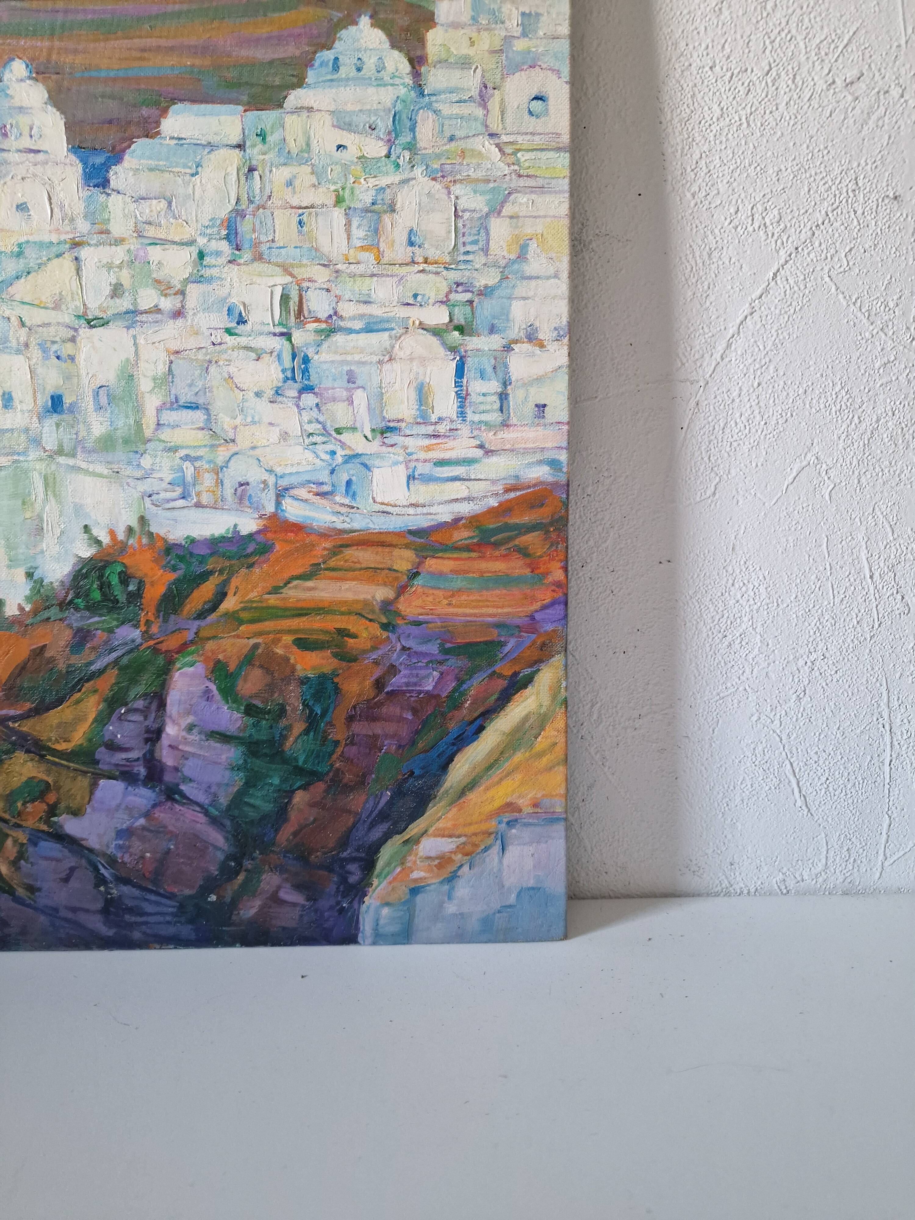 Vintage landscape painting of Greece Santorini island