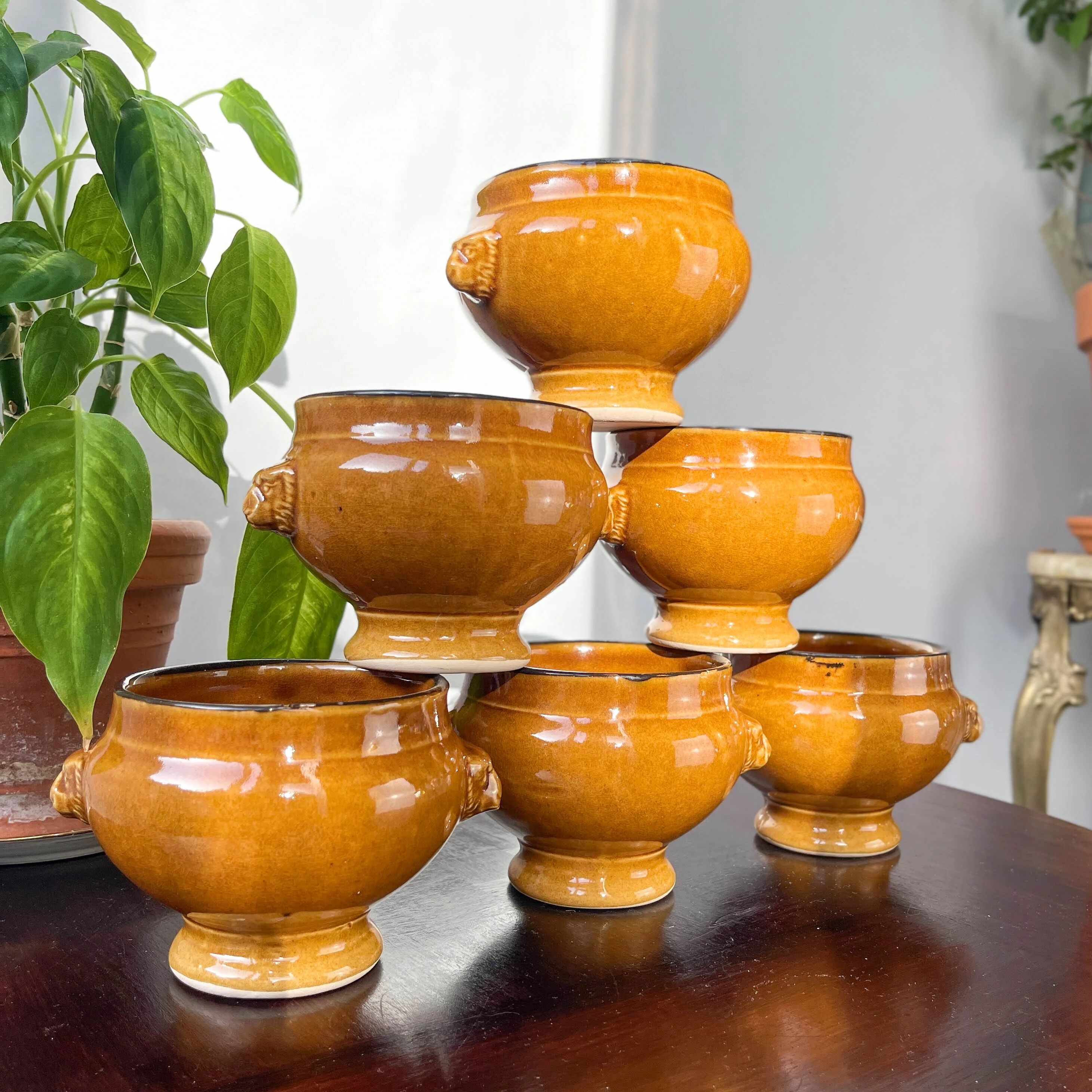 6 onion soup bowls in ochre glazed stoneware by Emile Henry