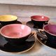 4 cups tea or coffee in the 1950s, color mugs, black and Golden NET