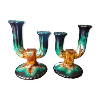 Pair of ceramic candlesticks by Longwy