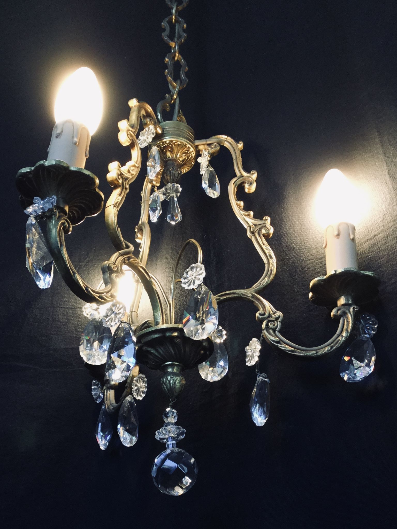 Bronze and crystal 3 light cage chandelier