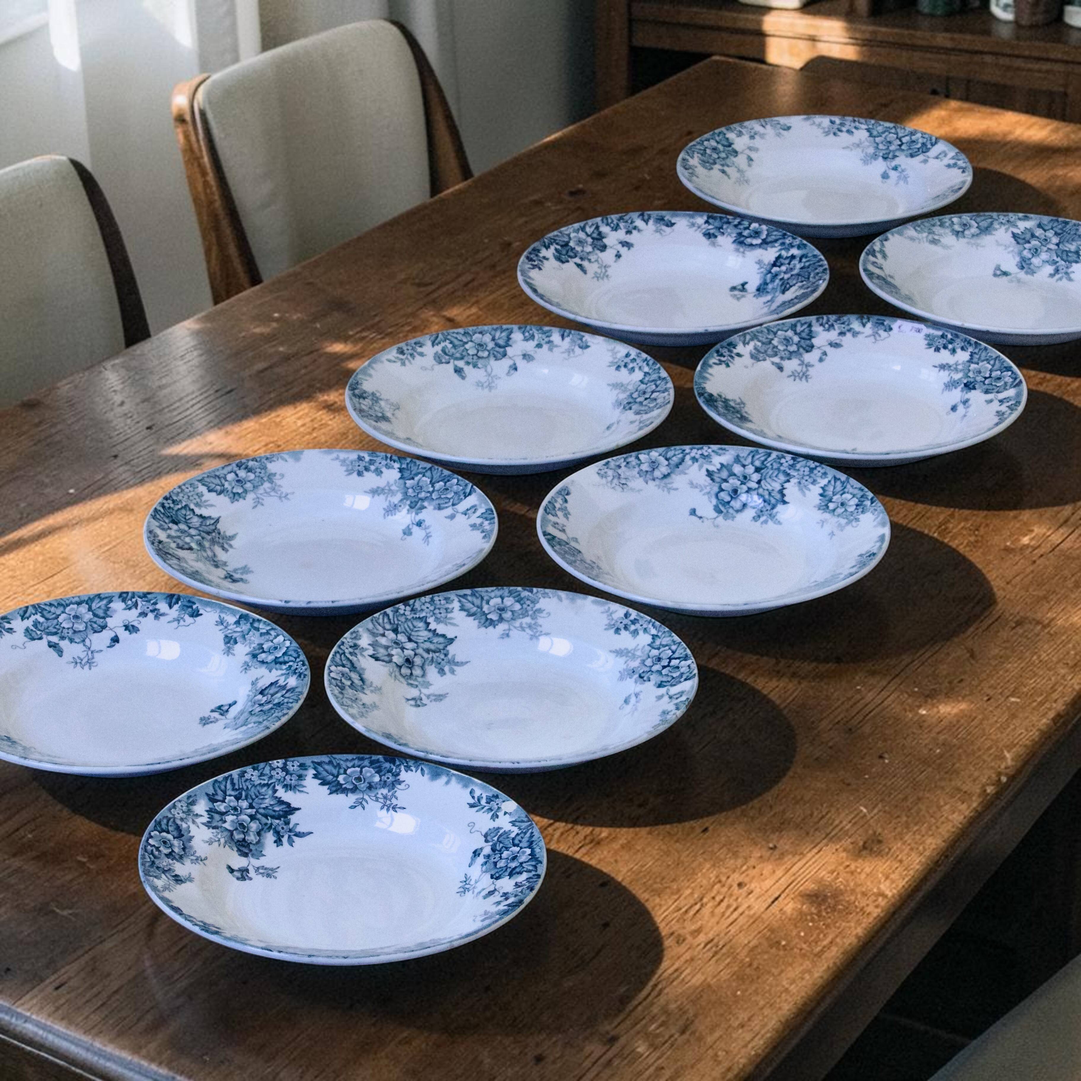 10 antique ironstone plates signed Moulin des Loups "Marie Louise"