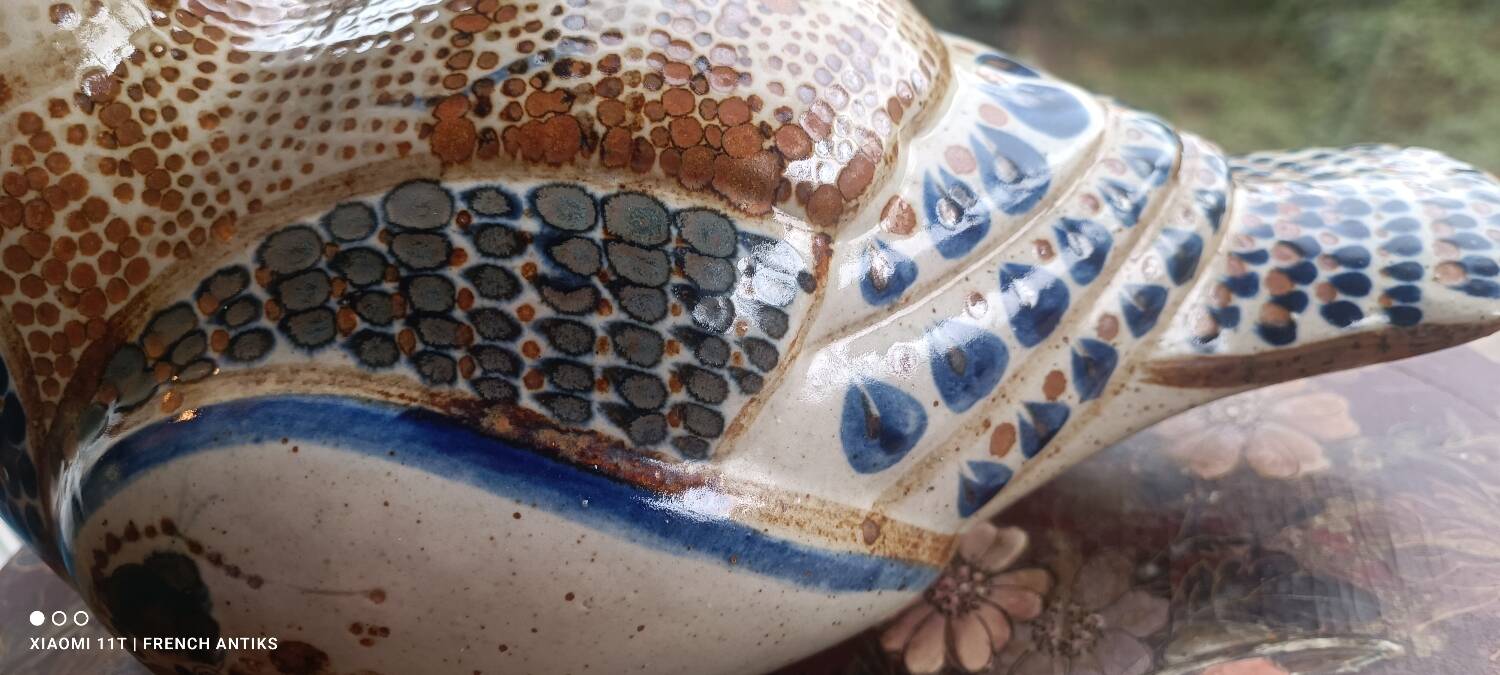 Ceramic signed duck in glazed stoneware, vintage 1960.