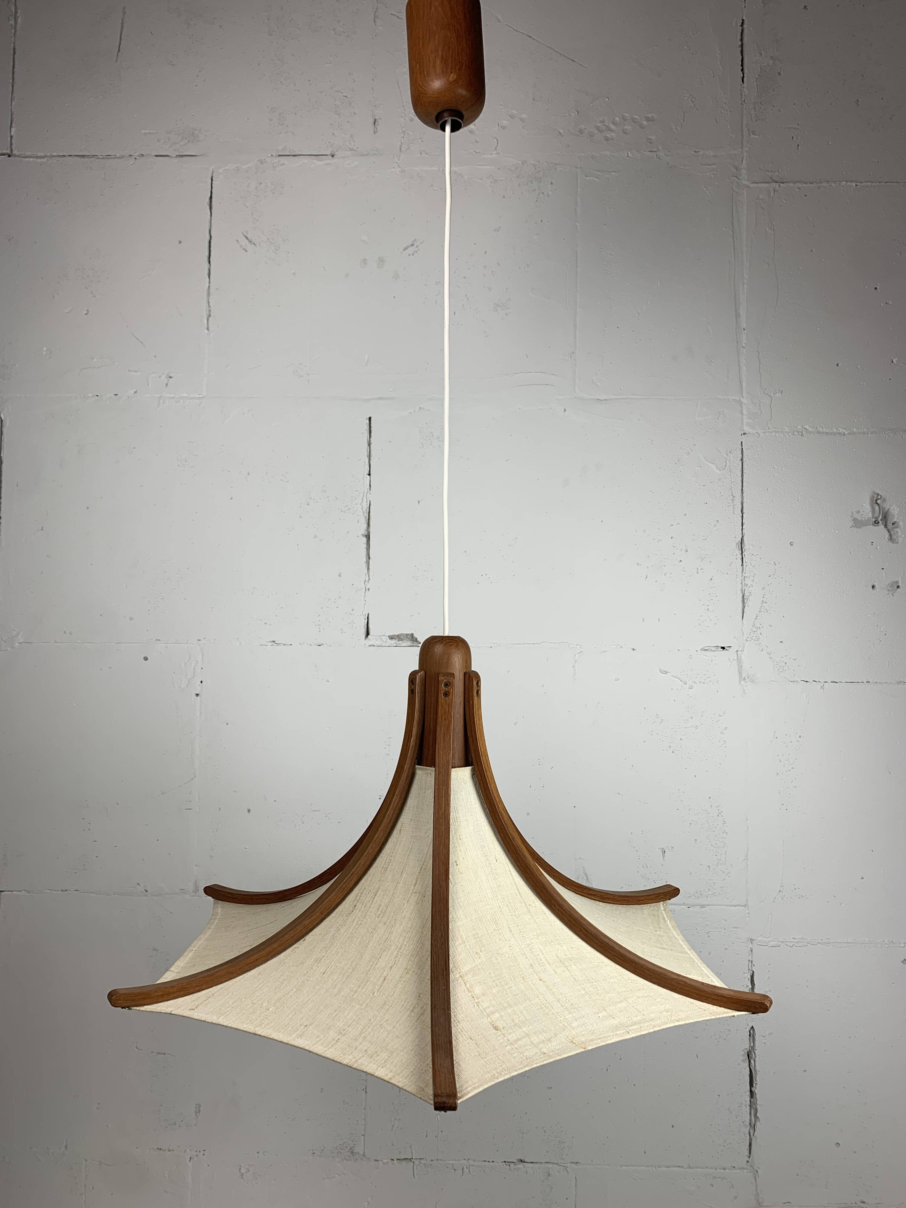 Teak and linen umbrella pendant hanging lamp by Domus, 1970s