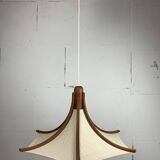 Teak and linen umbrella pendant hanging lamp by Domus, 1970s
