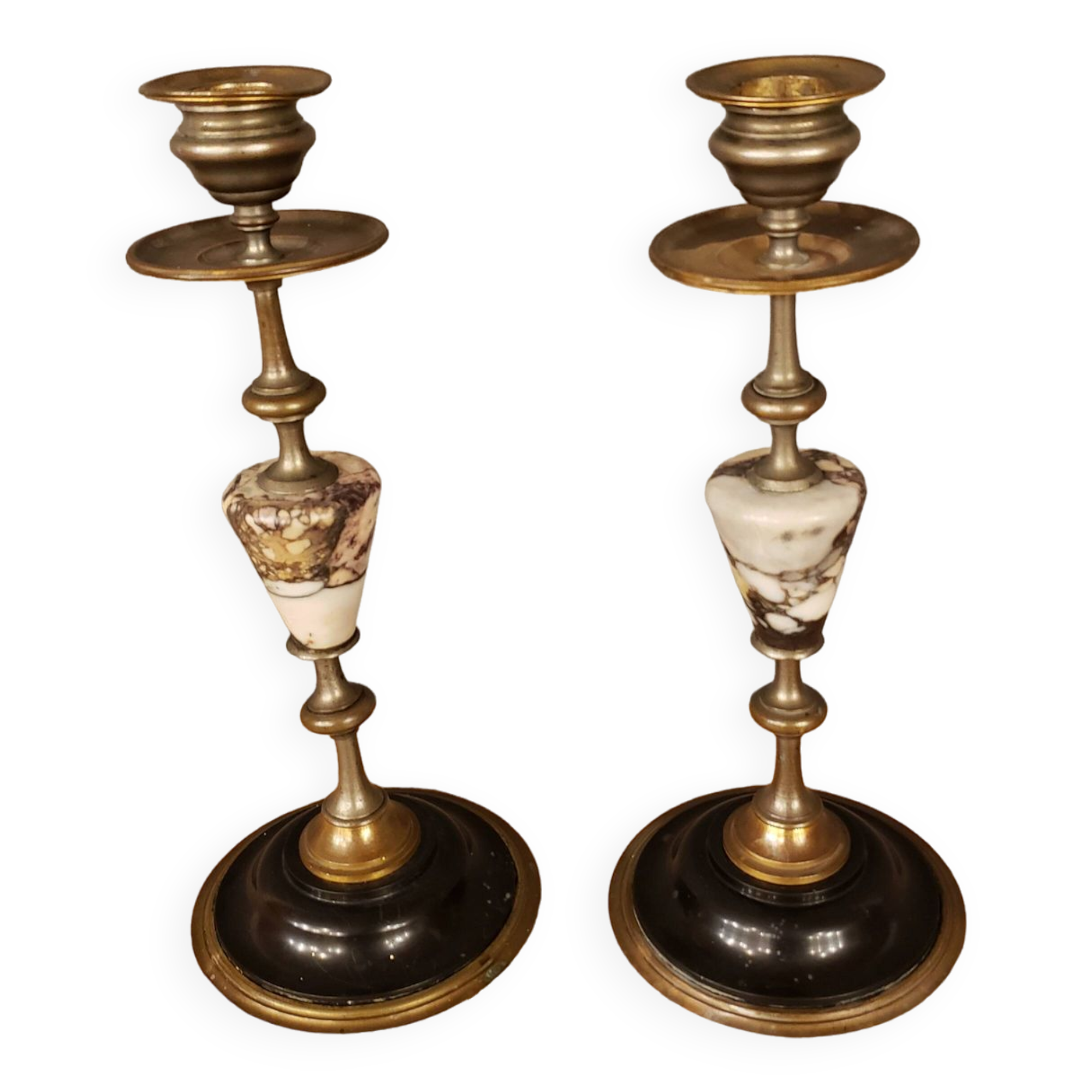 Pair of brass + marble or stone candlesticks