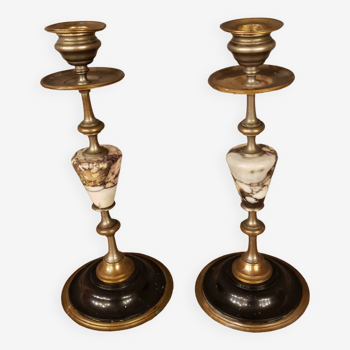 Pair of brass + marble or stone candlesticks