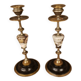 Pair of brass + marble or stone candlesticks