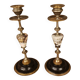 Pair of brass + marble or stone candlesticks